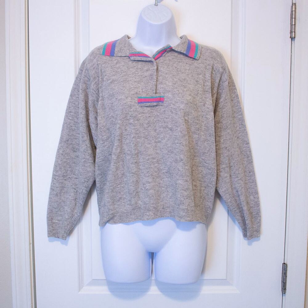 Preppy VTG L Idioms Sweater Lambswool Grey Colorblock 90s Henley | Bright Winter